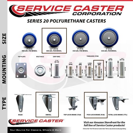 Service Caster 35 Inch Blue Polyurethane 10 MM Threaded Stem Caster Set with Brake SCC-TS20S3514-PPUB-BLUE-PLB-M1015-4